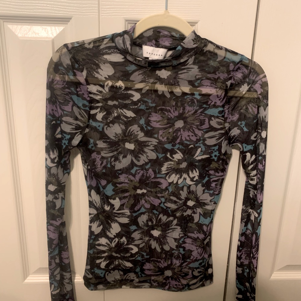 Retro crew neck sheer long sleeve top